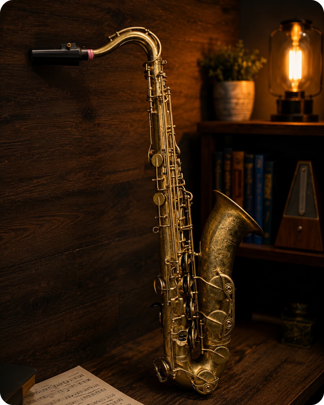 A vintage saxophone in a warm timber music studio beside a softly glowing lamp.