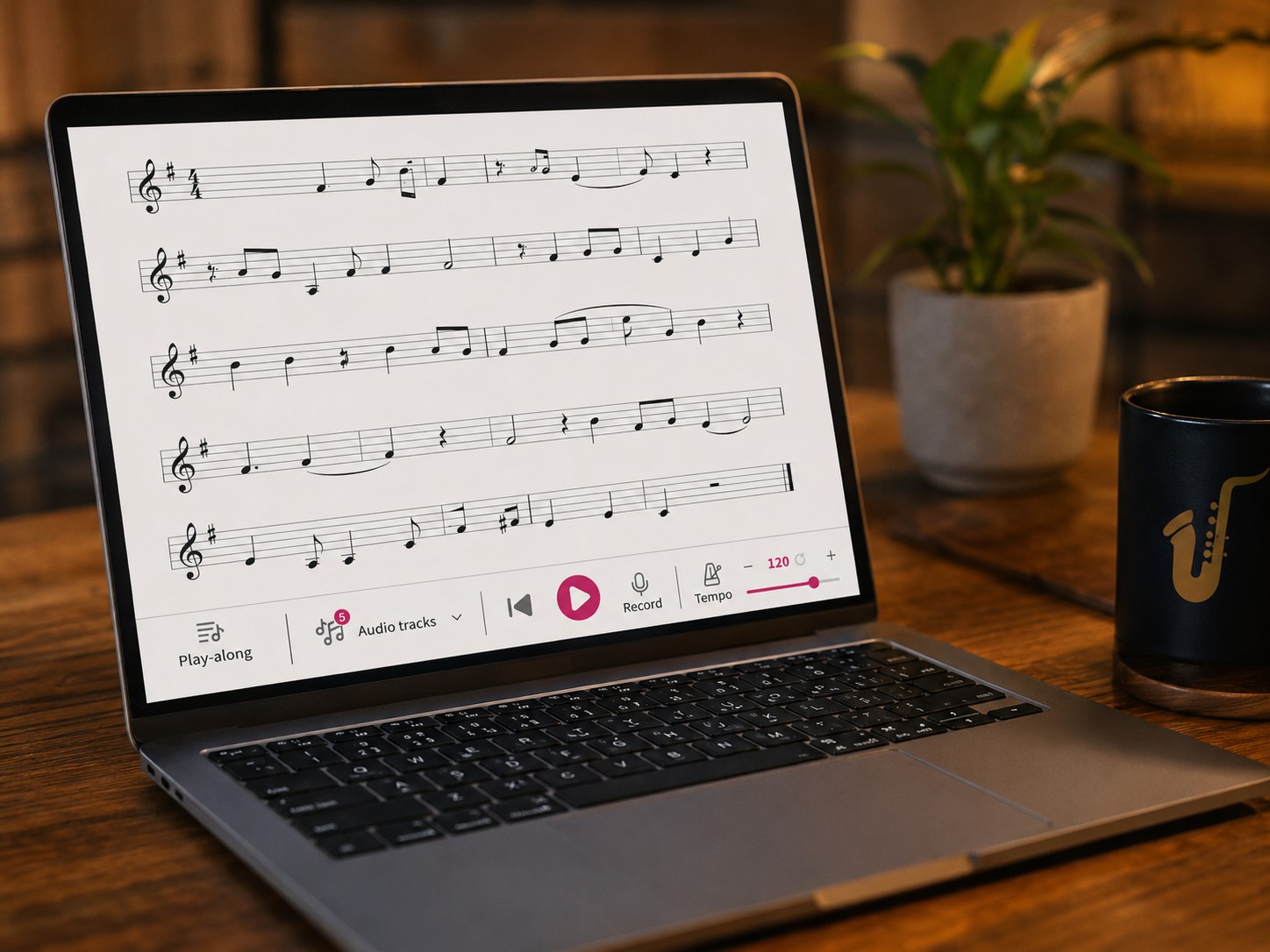 A laptop displaying interactive sheet music and play-along controls beside a saxophone mug.